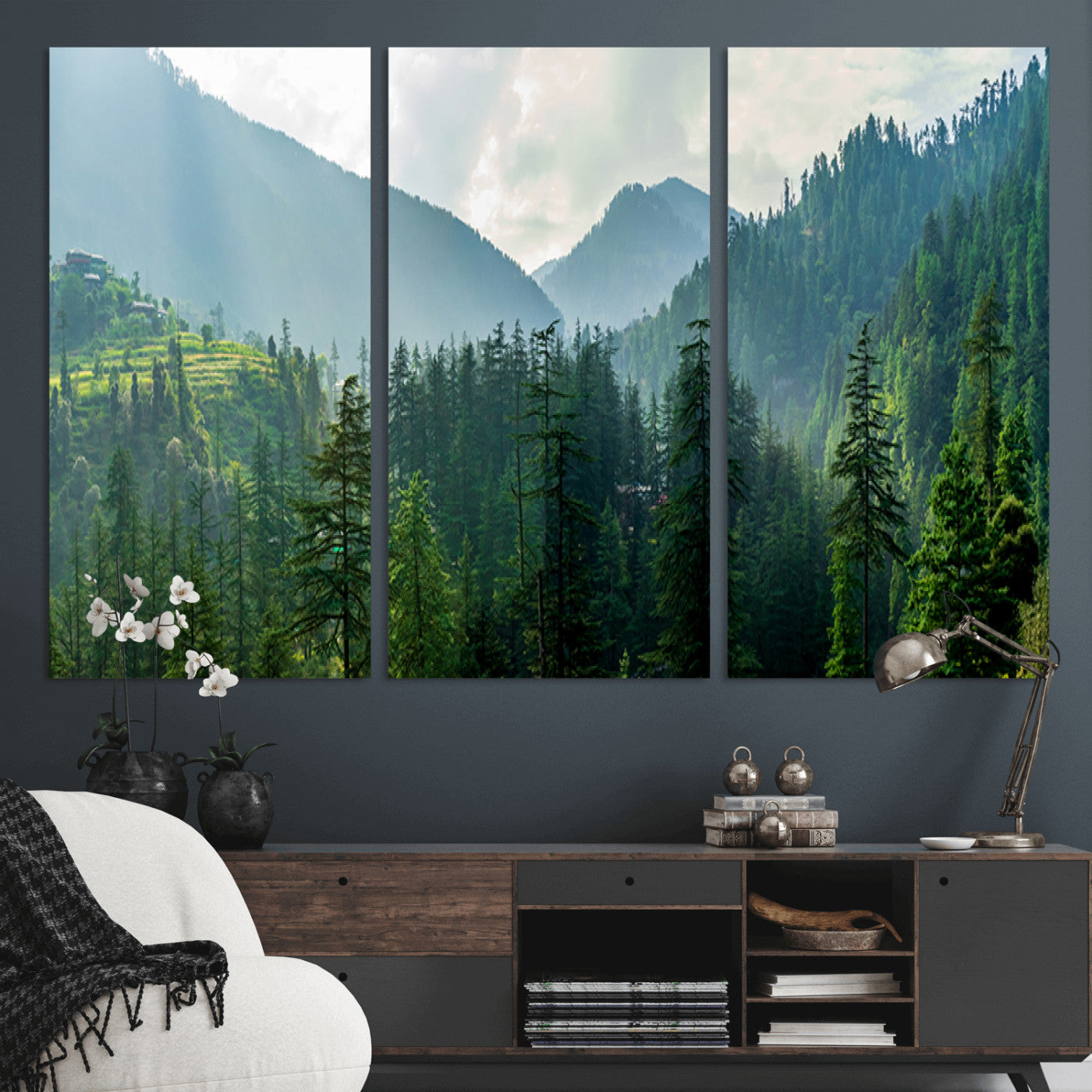 83417191-MGV-CV-36X24-Misty Mountain Forest Wall Art – Pine Tree Landscape Canvas Print, Nature Photography Panorama, Tranquil Green Forest Décor for