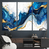 33506371-MGV-CV-36X24-Blue Marble Wall Art Canvas Print, Framed Gold Splash Art Picture Print, Abstract Wave Perfect Modern Luxe Decor Artwork