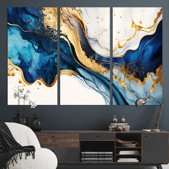 60283636-MGV-CV-36X24-Blue Gold Flow Wall Art Canvas Print, Framed Marble Texture Art Picture Print, Elegant Splash Perfect Elegant Abstract Decor