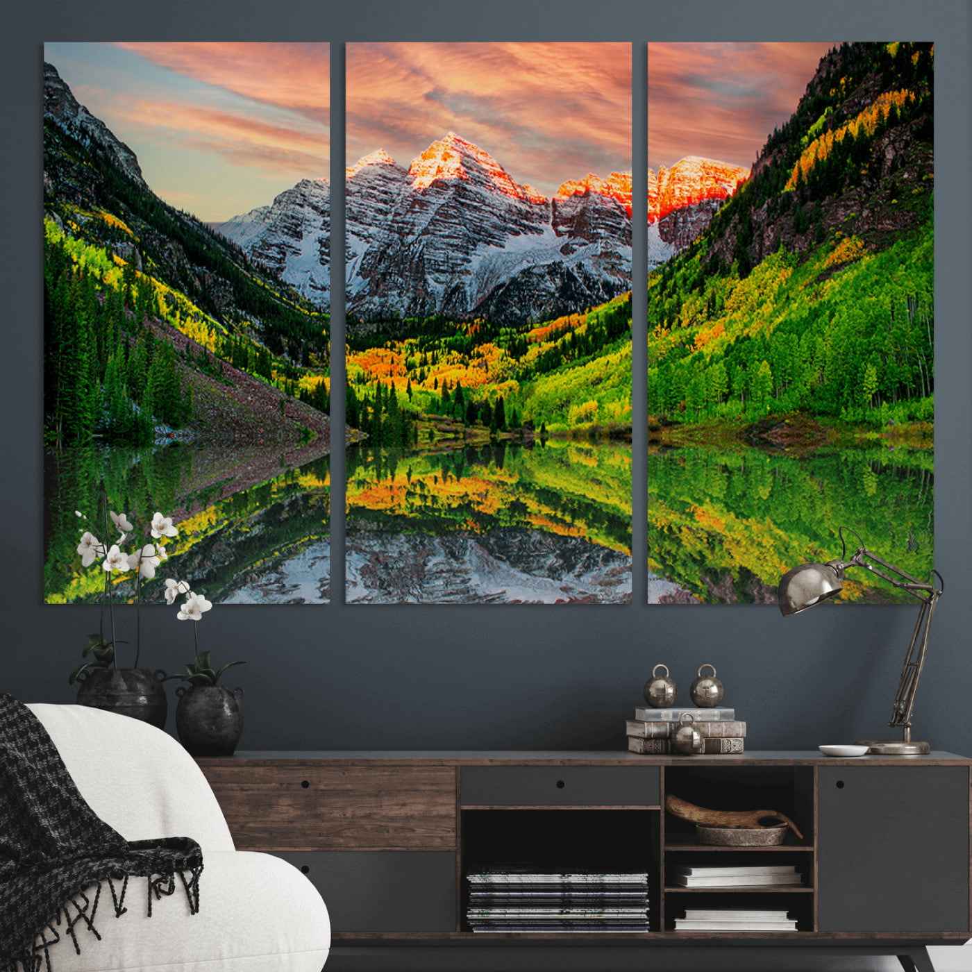 59533484-MGV-CV-36X24-Maroon Bells Autumn Wall Art – Panoramic Mountain Landscape Canvas Print, Sunset Reflection Nature Artwork for Living Room, Office