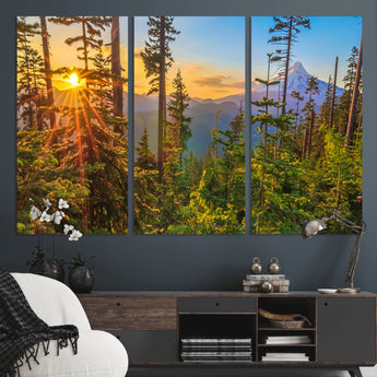 83544043-MGV-CV-36X24-Forest Sunset Wall Art Canvas Print, Framed Sunset Trees Art Picture Print, Green Pines Perfect Rustic Nature Decor Artwork