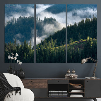 84598503-MGV-CV-36X24-Misty Forest Wall Art Canvas Print, Framed Pine Hills Art Picture Print, Moody Hills Perfect Moody Woodland Decor Artwork