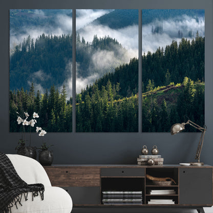 84598503-MGV-CV-36X24-Misty Forest Wall Art Canvas Print, Framed Pine Hills Art Picture Print, Moody Hills Perfect Moody Woodland Decor Artwork
