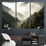 57570237-MGV-CV-36X24-Misty Valley Wall Art Canvas Print, Framed Foggy Forest Art Picture Print, Pine Trees Perfect Moody Woodland Decor Artwork