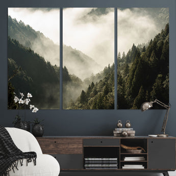 57570237-MGV-CV-36X24-Misty Valley Wall Art Canvas Print, Framed Foggy Forest Art Picture Print, Pine Trees Perfect Moody Woodland Decor Artwork