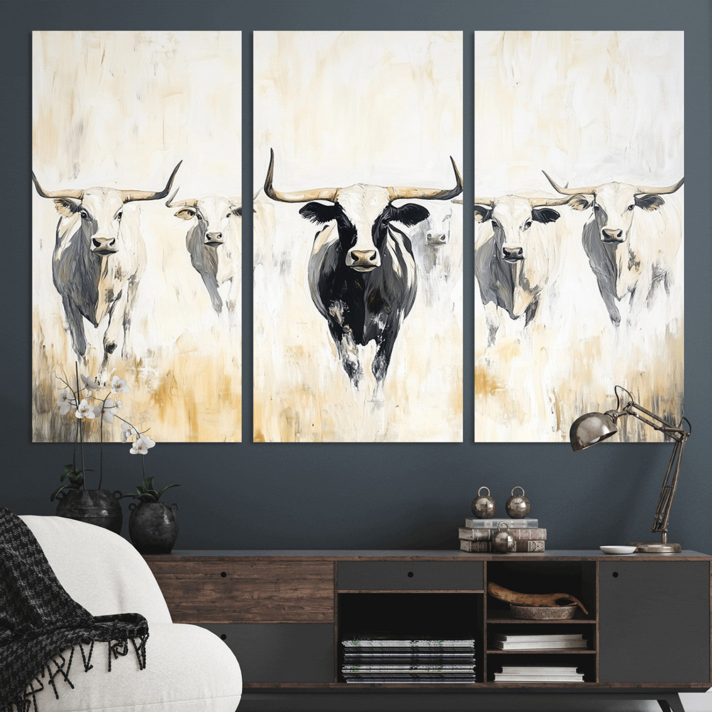 40397799-MGV-CV-36X24-Texas Longhorn Wall Art Canvas Print, Framed Rustic Herd Art Picture Print, Western Bull Perfect Neutral Western Decor Artwork