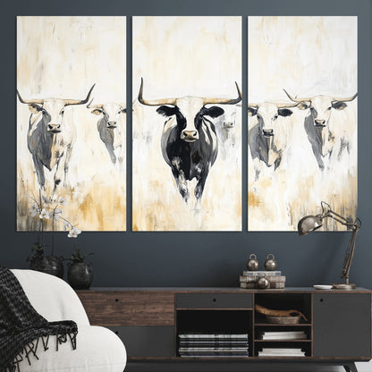 40397799-MGV-CV-36X24-Texas Longhorn Wall Art Canvas Print, Framed Rustic Herd Art Picture Print, Western Bull Perfect Neutral Western Decor Artwork