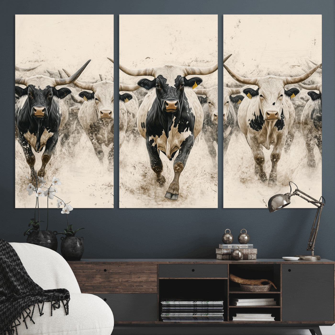 61538944-MGV-CV-36X24-Texas Longhorn Wall Art Canvas Print, Framed Cattles Walking Art Picture Print, Black White Bulls Perfect Rustic Western Decor