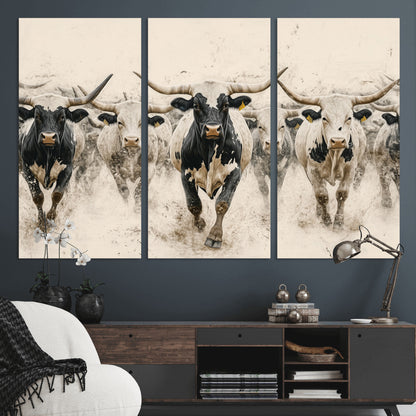 61538944-MGV-CV-36X24-Texas Longhorn Wall Art Canvas Print, Framed Cattles Walking Art Picture Print, Black White Bulls Perfect Rustic Western Decor