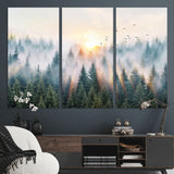 92718976-MGV-CV-36X24-Misty Forest Wall Art Canvas Print, Framed Sunrise Pines Art Picture Print, Foggy Woodland Perfect Moody Woodland Decor Artwork