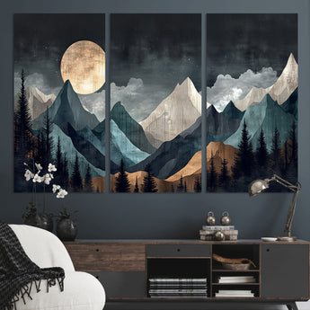 11060882-MGV-CV-36X24-Moonlit Mountains Wall Art Canvas Print, Framed Forest Silhouette Art Picture Print, Night Landscape Perfect Modern Forest Decor