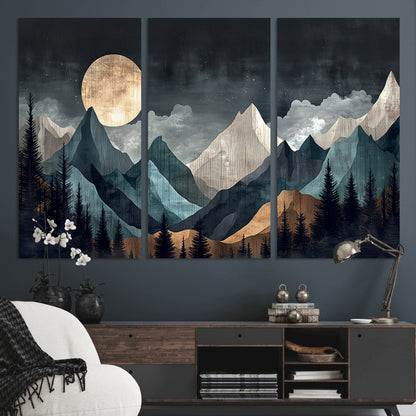 11060882-MGV-CV-36X24-Moonlit Mountains Wall Art Canvas Print, Framed Forest Silhouette Art Picture Print, Night Landscape Perfect Modern Forest Decor