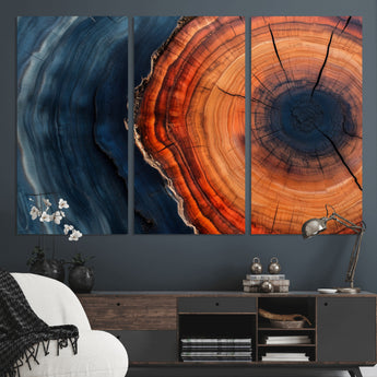 57732250-MGV-CV-36X24-Tree Ring Abstract Wall Art – Blue Orange Wood Grain Canvas Print, Modern Rustic Nature Artwork for Living Room, Office,