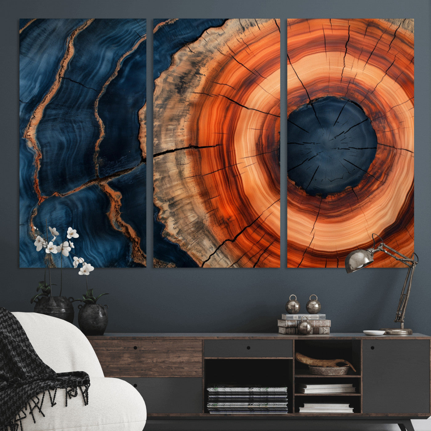 41123192-MGV-CV-36X24-Tree Ring Canvas Wall Art – Abstract Blue Orange Wood Grain Print, Rustic Modern Nature Artwork for Living Room, Bedroom, Office