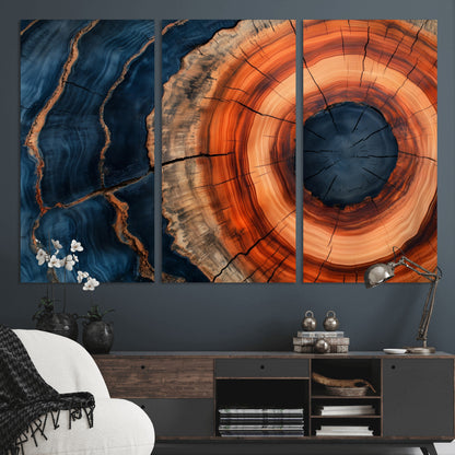 41123192-MGV-CV-36X24-Tree Ring Canvas Wall Art – Abstract Blue Orange Wood Grain Print, Rustic Modern Nature Artwork for Living Room, Bedroom, Office