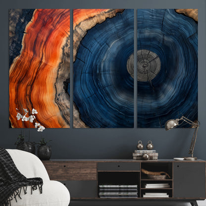 99491700-MGV-CV-36X24-Tree Ring Canvas Wall Art – Blue Orange Abstract Wood Grain Print, Rustic Modern Nature Artwork for Living Room, Office, Bedroom