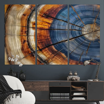18032999-MGV-CV-36X24-Tree Ring Wall Art – Blue Brown Abstract Wood Slice Canvas Print, Rustic Modern Nature Decor for Living Room, Office, Bedroom or