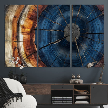 60099360-MGV-CV-36X24-Blue Tree Ring Wall Art – Rustic Wood Grain Canvas Print, Modern Abstract Artwork with Natural Texture for Living Room, Bedroom,