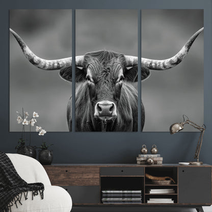 81228550-MGV-CV-36X24-Framed Texas Longhorn Bull Art Canvas Print, Western Bull Wall Art Print, Long Horn Bull Photo Print for Log Cabin, Large Bull