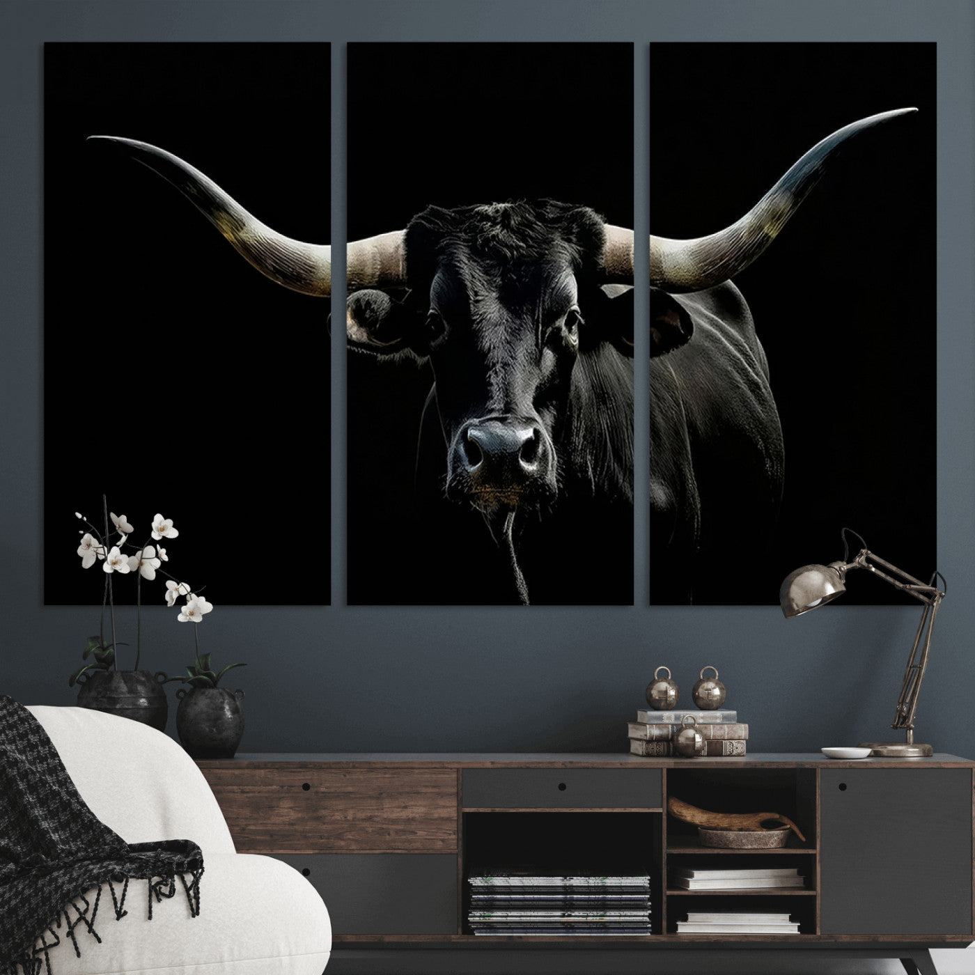 37531960-MGV-CV-36X24-Black Longhorn Bull Wall Art – Dramatic Western Cattle Canvas Print, Rustic Farmhouse Animal Artwork for Living Room, Bedroom,