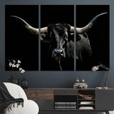 37531960-MGV-CV-36X24-Black Longhorn Bull Wall Art – Dramatic Western Cattle Canvas Print, Rustic Farmhouse Animal Artwork for Living Room, Bedroom,