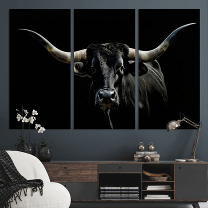 37531960-MGV-CV-36X24-Black Longhorn Bull Wall Art – Dramatic Western Cattle Canvas Print, Rustic Farmhouse Animal Artwork for Living Room, Bedroom,