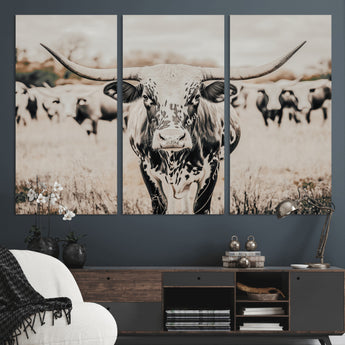 27497342-MGV-CV-36X24-Texas Longhorn Wall Art Canvas Print, Framed Speckled Cow Art Picture Print, Horned Cattle Perfect Rustic Western Decor Artwork
