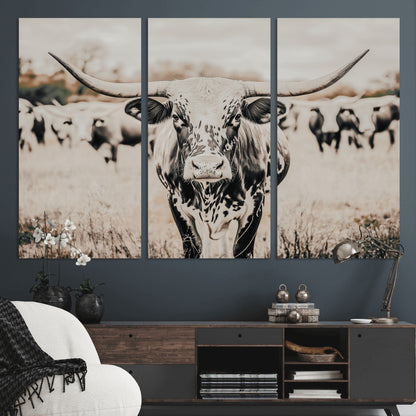 27497342-MGV-CV-48X32-3P-Texas Longhorn Wall Art Canvas Print, Framed Speckled Cow Art Picture Print, Horned Cattle Perfect Rustic Western Decor Artwork