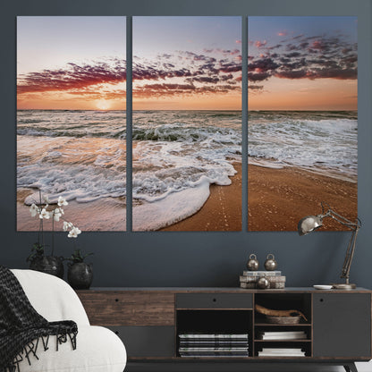 39846389-MGV-CV-36X24-Ocean Sunset Wall Art Canvas Print, Framed Sandy Shore Art Picture Print, Gentle Waves Perfect Minimalist Coastal Decor Artwork