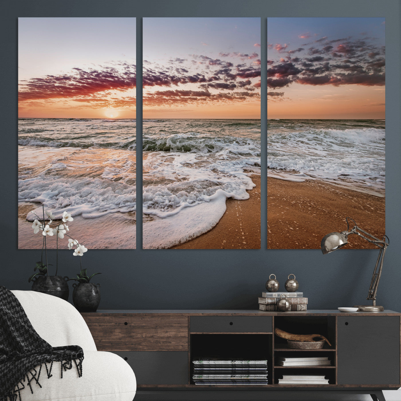 39846389-MGV-CV-36X24-Ocean Sunset Wall Art Canvas Print, Framed Sandy Shore Art Picture Print, Gentle Waves Perfect Minimalist Coastal Decor Artwork