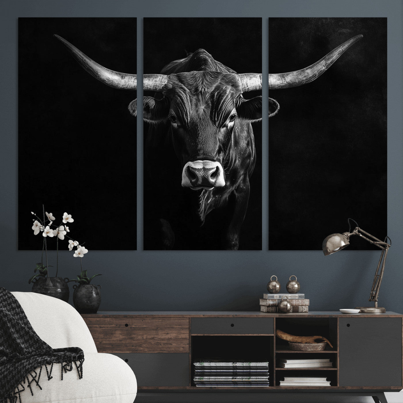 42077175-MGV-CV-48X32-3P-Texas Longhorn Wall Art Canvas Print, Framed Monochrome Bull Art Picture Print, Horned Bull Perfect Rustic Western Decor Artwork
