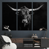42077175-MGV-CV-48X32-3P-Texas Longhorn Wall Art Canvas Print, Framed Monochrome Bull Art Picture Print, Horned Bull Perfect Rustic Western Decor Artwork