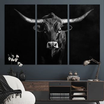 42077175-MGV-CV-48X32-3P-Texas Longhorn Wall Art Canvas Print, Framed Monochrome Bull Art Picture Print, Horned Bull Perfect Rustic Western Decor Artwork