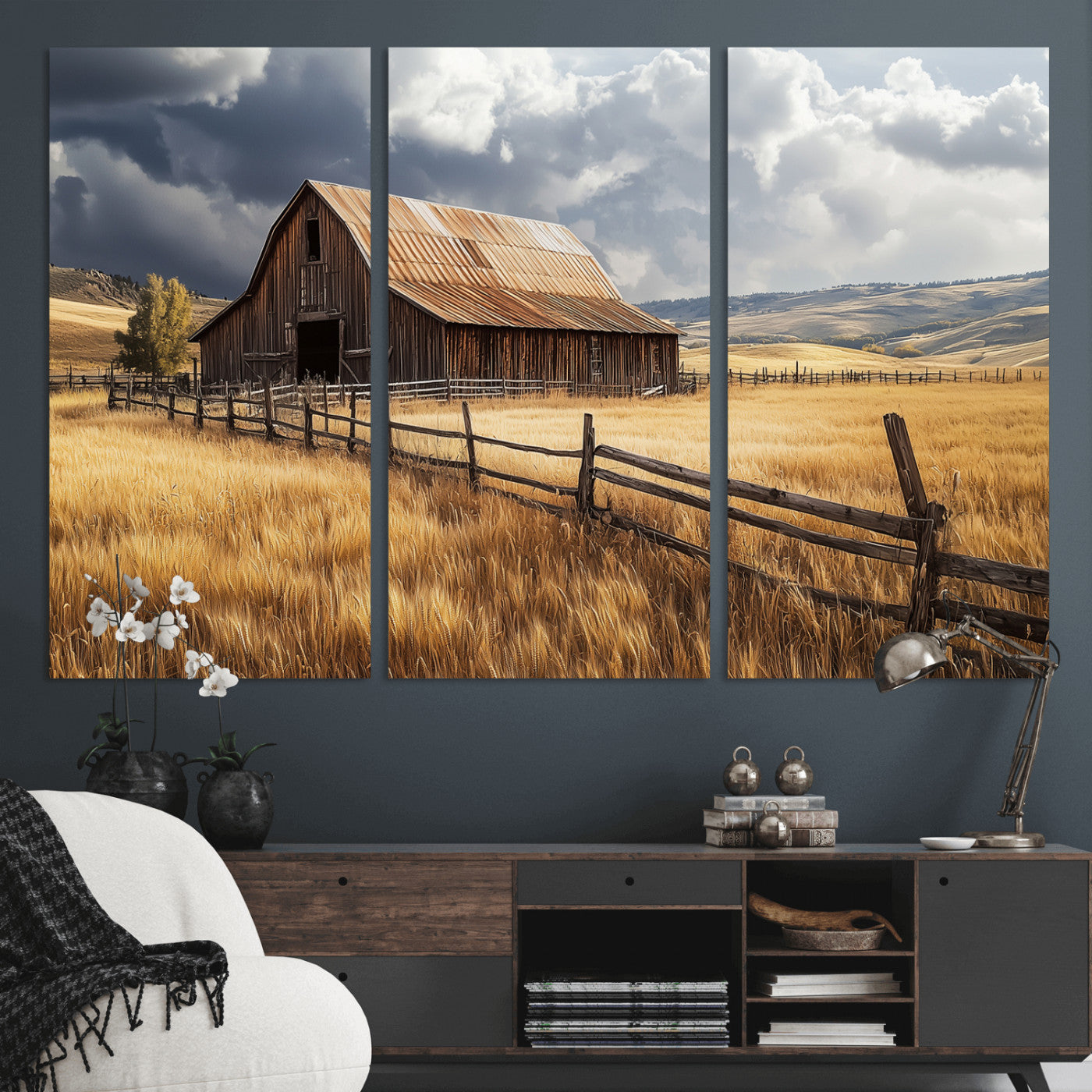 38758826-MGV-CV-48X32-3P-Rustic Barn Wall Art Canvas Print, Framed Moody Barn Art Picture Print, Golden Field Perfect Rustic Farmhouse Decor Artwork