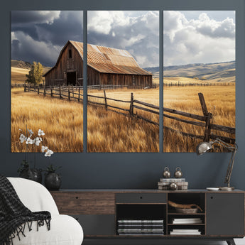 38758826-MGV-CV-48X32-3P-Rustic Barn Wall Art Canvas Print, Framed Moody Barn Art Picture Print, Golden Field Perfect Rustic Farmhouse Decor Artwork