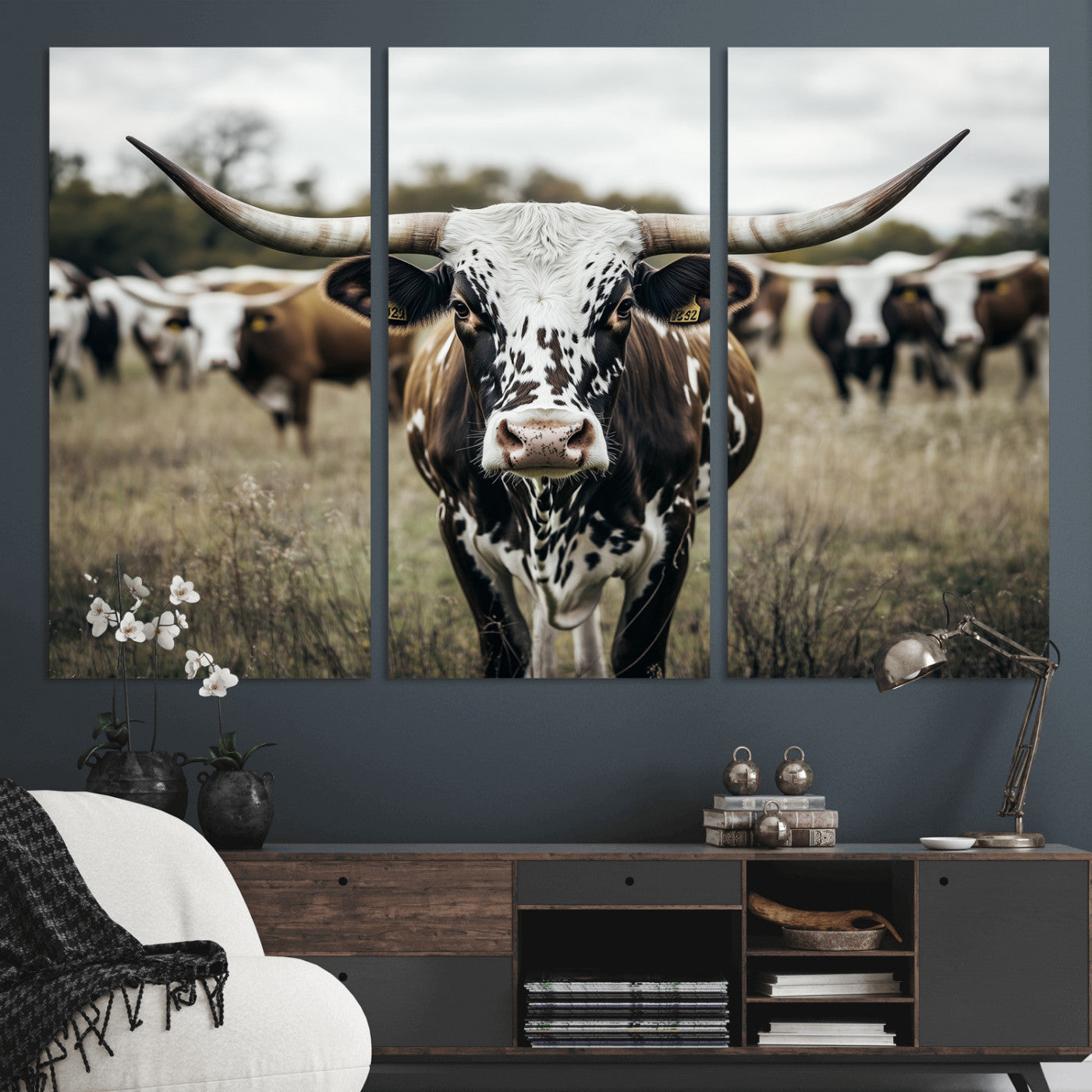 79025945-MGV-CV-36X24-Texas Longhorn Wall Art Canvas Print, Framed Speckled Cow Art Picture Print, Horned Cattle Perfect Rustic Western Decor Artwork