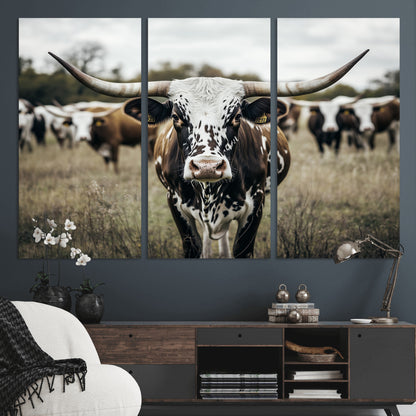 79025945-MGV-CV-36X24-Texas Longhorn Wall Art Canvas Print, Framed Speckled Cow Art Picture Print, Horned Cattle Perfect Rustic Western Decor Artwork