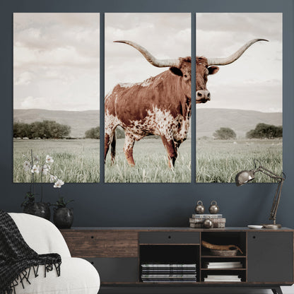 28309012-MGV-CV-48X32-3P-Texas Longhorn Wall Art Canvas Print, Framed Spotted Cattle Art Picture Print, Horned Bull Perfect Rustic Western Decor Artwork