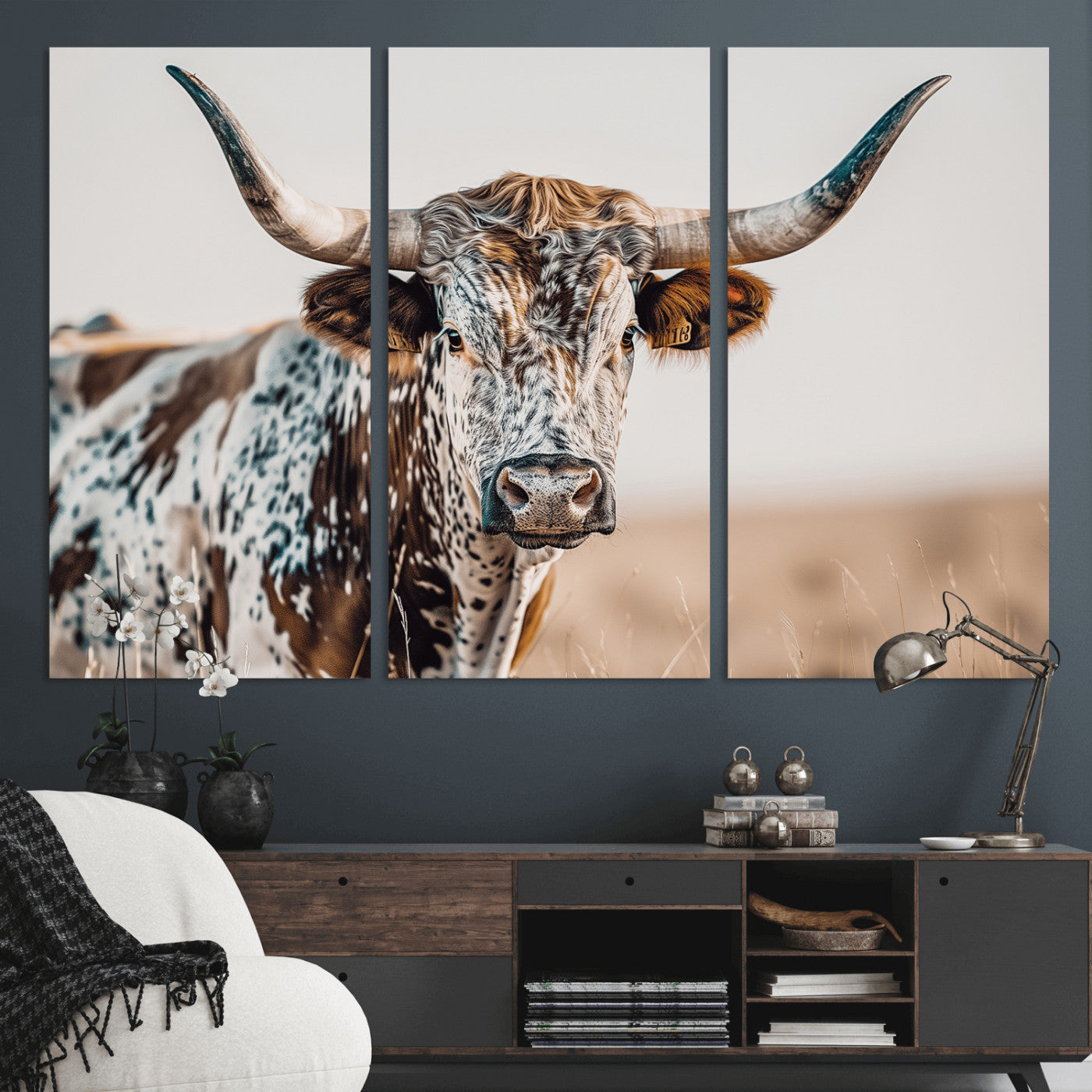 70414966-MGV-CV-36X24-Texas Longhorn Wall Art Canvas Print, Framed Speckled Cow Art Picture Print, Horned Bull Perfect Rustic Western Decor Artwork
