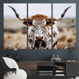76294381-MGV-CV-48X32-3P-Texas Longhorn Wall Art Canvas Print, Framed Spotted Cow Art Picture Print, Horned Cattle Perfect Rustic Western Decor Artwork