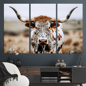 76294381-MGV-CV-48X32-3P-Texas Longhorn Wall Art Canvas Print, Framed Spotted Cow Art Picture Print, Horned Cattle Perfect Rustic Western Decor Artwork