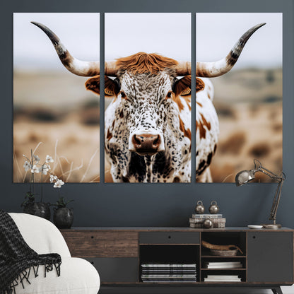 76294381-MGV-CV-48X32-3P-Texas Longhorn Wall Art Canvas Print, Framed Spotted Cow Art Picture Print, Horned Cattle Perfect Rustic Western Decor Artwork