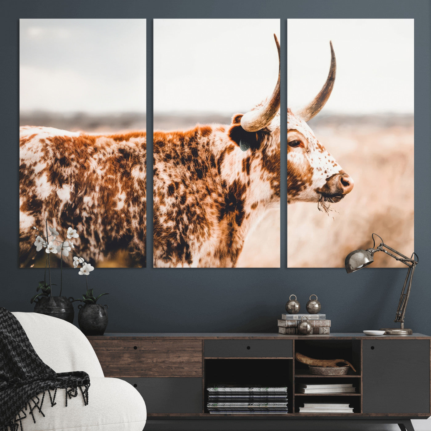 11528295-MGV-CV-36X24-Speckled Longhorn Wall Art Canvas Print, Framed Texas Cattle Art Picture Print, Horned Cow Perfect Rustic Western Decor Artwork