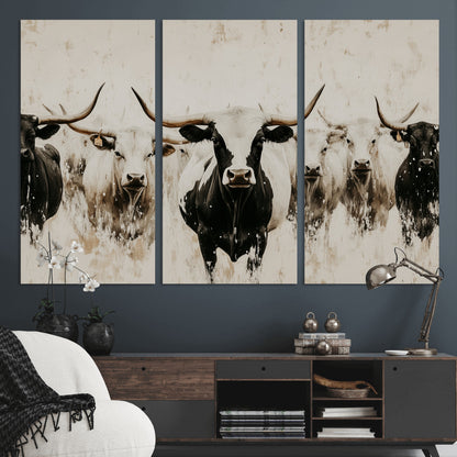 12027562-MGV-CV-48X32-3P-Longhorn Cattle Wall Art Canvas Print, Framed Bison Herd Art Picture Print, Cattle Group Perfect Rustic Farmhouse Decor Artwork