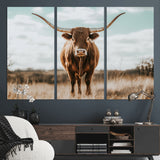 39350715-MGV-CV-48X32-3P-Texas Longhorn Wall Art Canvas Print, Framed Longhorn Cow Art Picture Print, Western Cattle Perfect Rustic Western Decor Artwork
