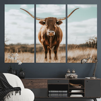 39350715-MGV-CV-48X32-3P-Texas Longhorn Wall Art Canvas Print, Framed Longhorn Cow Art Picture Print, Western Cattle Perfect Rustic Western Decor Artwork