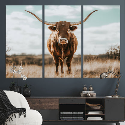 39350715-MGV-CV-48X32-3P-Texas Longhorn Wall Art Canvas Print, Framed Longhorn Cow Art Picture Print, Western Cattle Perfect Rustic Western Decor Artwork