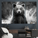 MGV-CV-48X32-3P - Grizzly Bear Wall Art Canvas Print, Framed Black White Bear Art Picture Print, Wild Bear Perfect Rustic Wildlife Decor Artwork