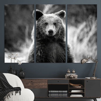 MGV-CV-48X32-3P - Grizzly Bear Wall Art Canvas Print, Framed Black White Bear Art Picture Print, Wild Bear Perfect Rustic Wildlife Decor Artwork