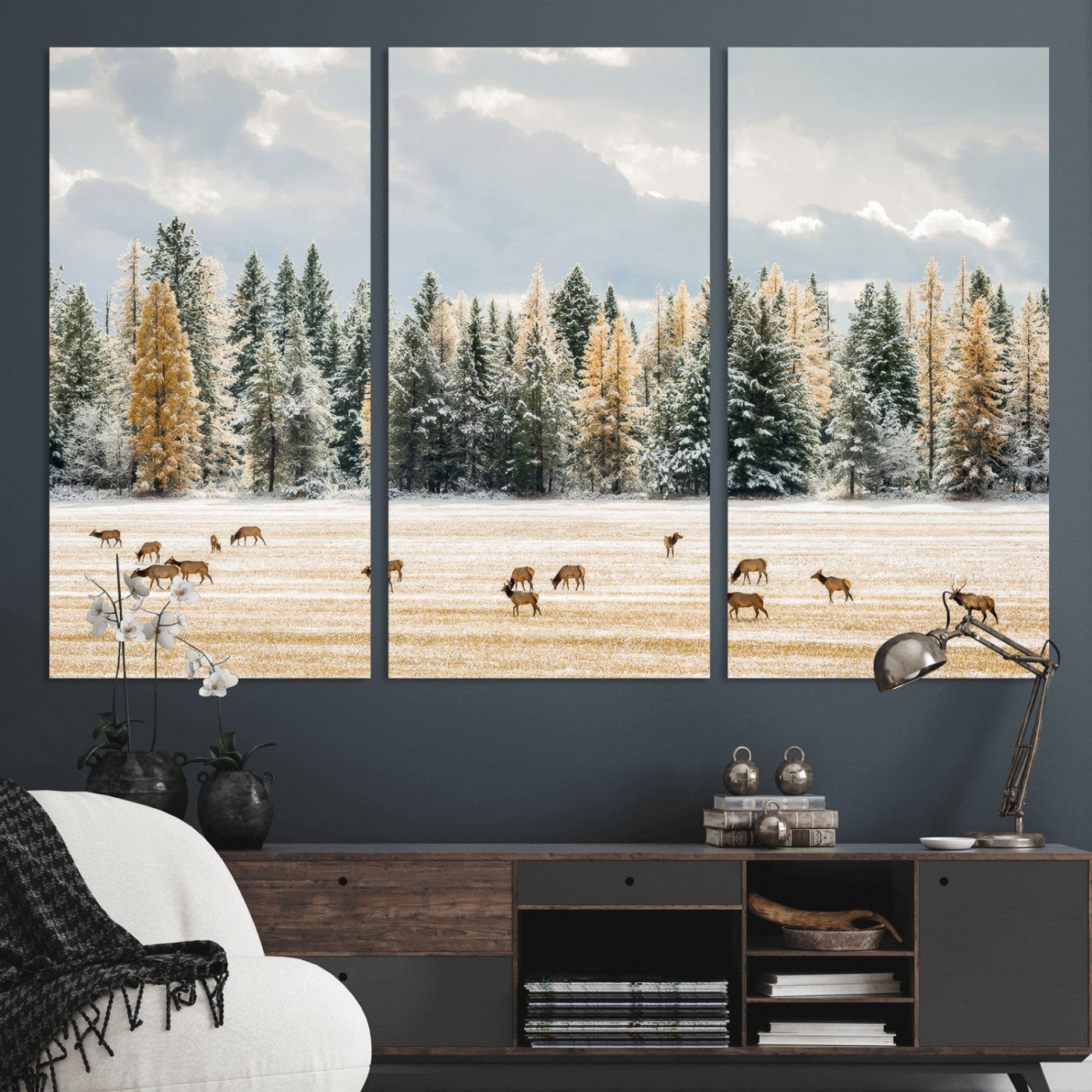 64188182-MGV-CV-36X24-Elk Herd Wall Art Canvas Print, Framed Snowy Forest Art Picture Print, Forest Elks Perfect Neutral Rustic Decor Artwork